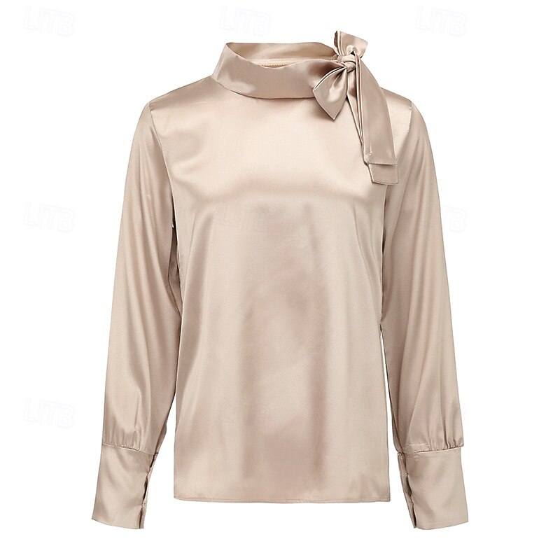 Women's Shirt Elegant Dressy Satin Plain Daily Business Mature Long Sleeve Round Neck Regular Tops Valentine's Day Work Lace up Pink Khaki Gray Spring &  Fall4