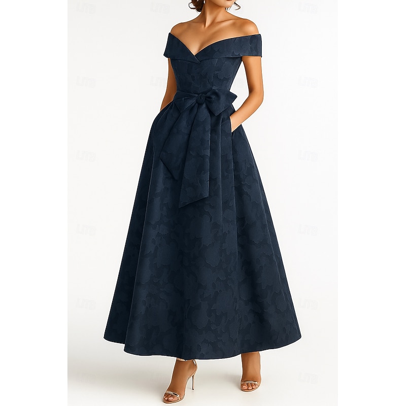 Burgundy Blue Mother of the Bride A-Line Evening Gown Elegant Dress Formal Wedding Floor Length Short Sleeve Off Shoulder Pocket Nylon with Bow(s) Strappy