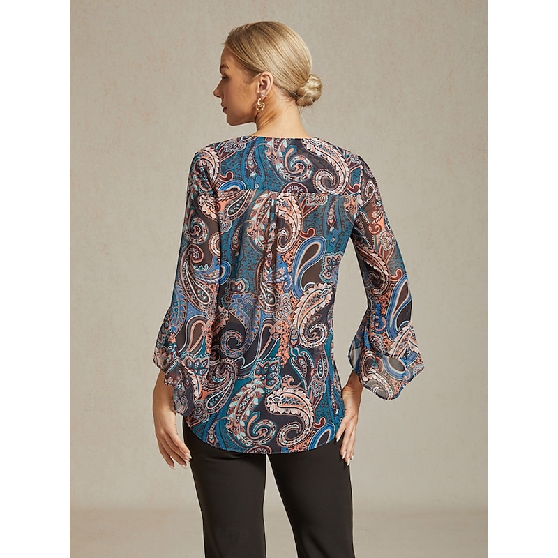 Women's Boho Shirt Blouse Paisley Vintage Stylish Casual Long Sleeve V Neck Regular Tops Wedding Guest Work Daily Ruffle Navy Blue Summer Spring Fall2