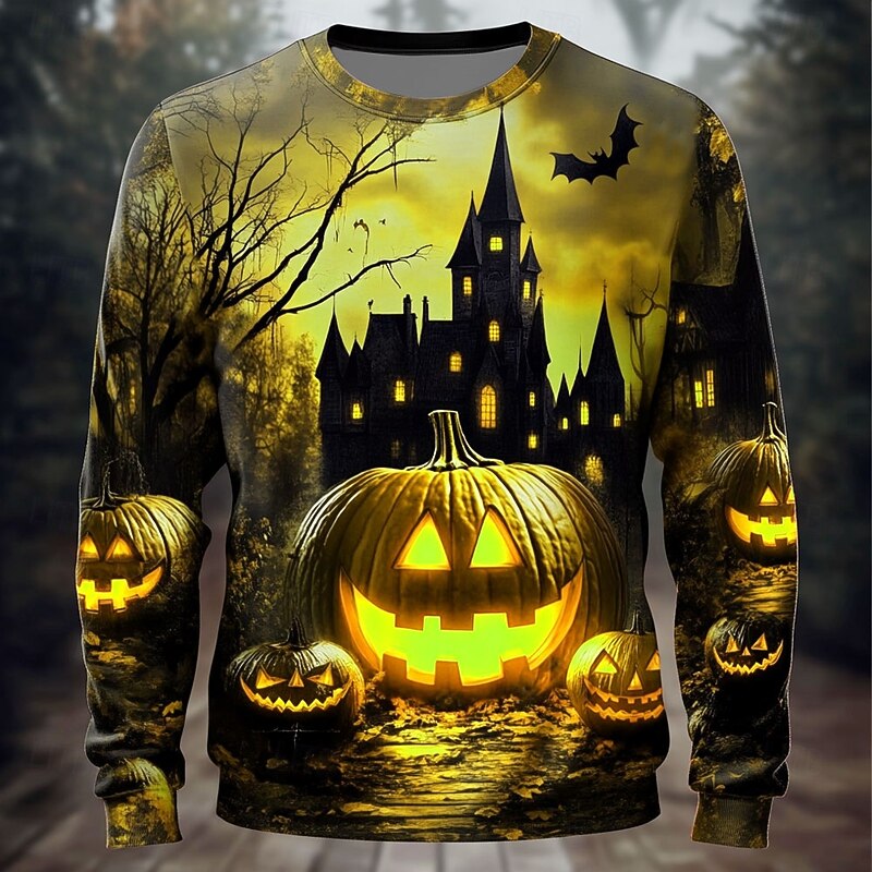 Halloween Men's Pumpkin Cemetery Sweatshirt Punk Party Long Sleeve Crew Neck Vacation Yellow Blue Crewneck 3D All Seasons Designer4