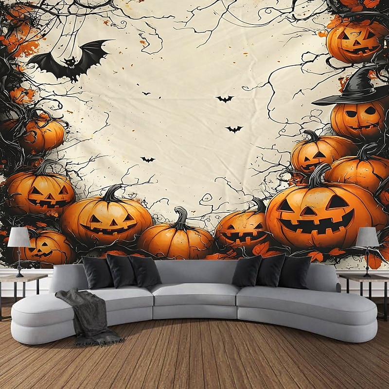 Halloween Tapestry Photo Backdrop, Crow and Pumpkin Pattern Wall Hanging, Decorative Large Mural for Bedroom, Living Room, Party, and Home Decoration4