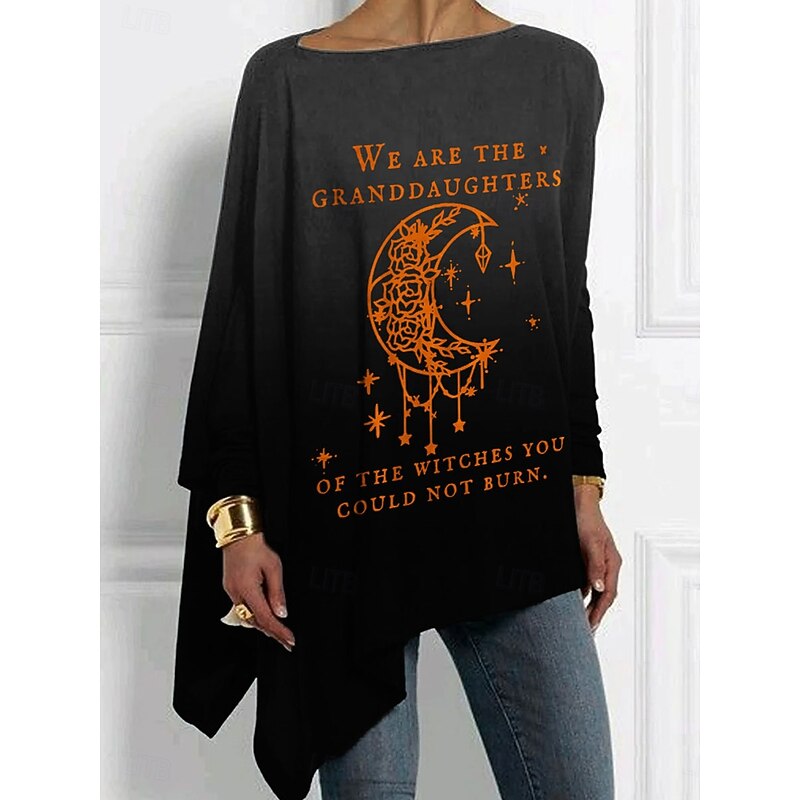 Halloween Women's T Shirt Skulls Long Sleeve Graphic Vintage Stylish Classic Long Sleeve Crew Neck Regular Tops Daily Weekend Print Asymmetrical Red Orange Spring Fall Prefall2