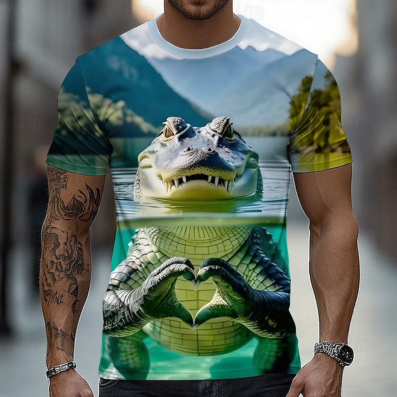 Men's Crocodile Funny T Shirt Short Sleeve T shirt 3D Print Crew Neck Shirt Exaggerated Designer Party Street Casual Green 2# Light Green Mint Green Summer Spring All Seasons Clothing Apparel S M L2