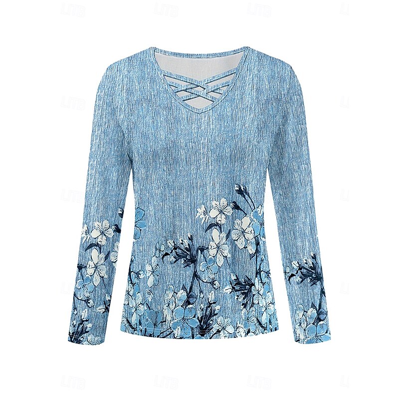 Women's T Shirt Ombre Floral Graphic Vintage Stylish Classic Long Sleeve V Neck Regular Tops Daily Tassel Tie Print Blue Spring Fall Winter2