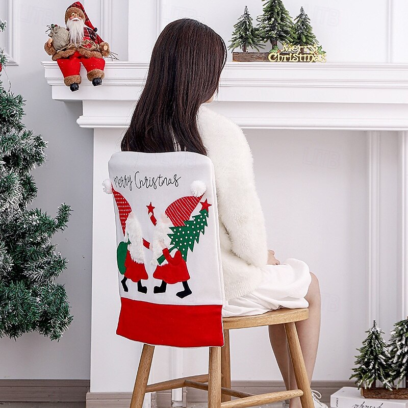 Christmas Chair Cover Red White Velvet Backrest Cap with Faceless Gnome Embroidery for Home Stool Seat Cushion Festive Holiday Dining Room Christmas Decoration Accessory - Main Image