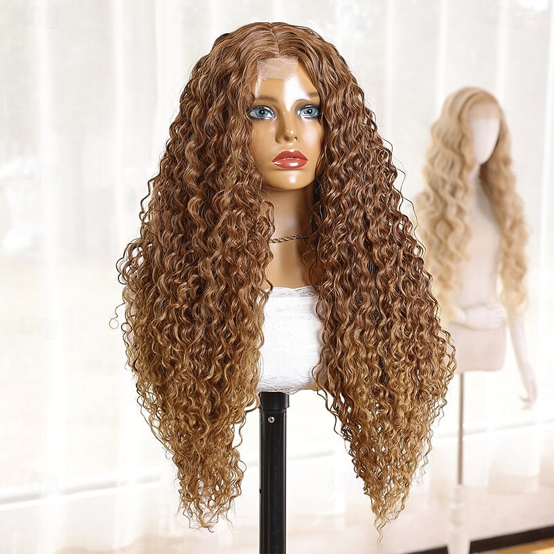 Synthetic Lace Wig Deep Curly Style 28 inch Light Brown Middle Part U Part Wig Women's Wig Light Brown3