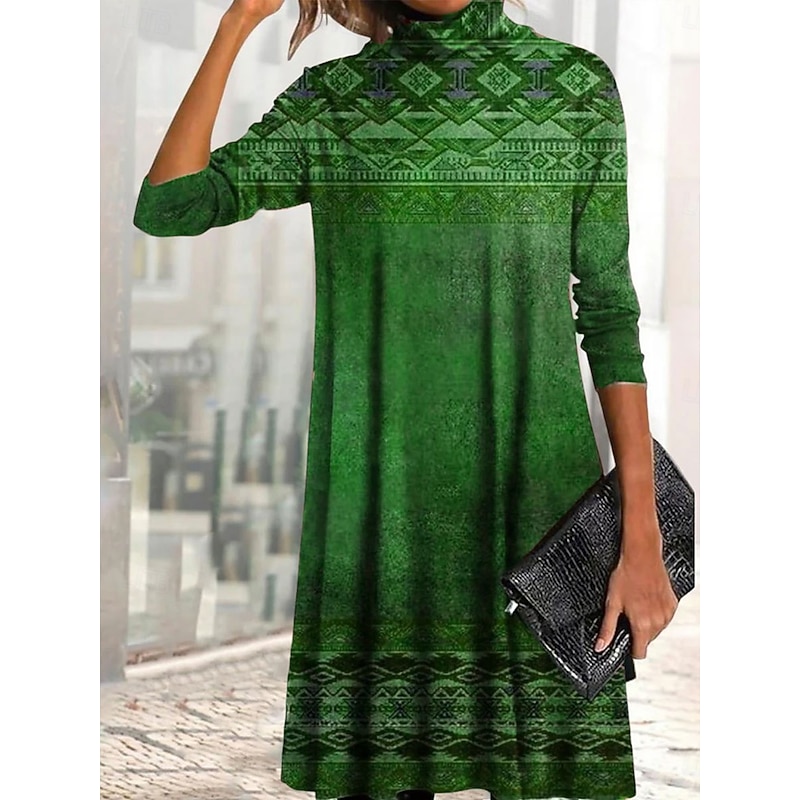Women's Mini Dress T Shirt Dress Tee Dress A Line Dress Vacation Casual Daily Date Regular Fit Graphic Tribal Long Sleeve High Neck Blue Purple Brown Green Spring Fall Winter3