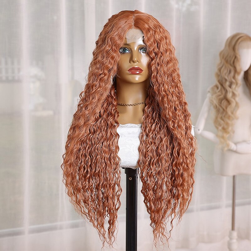 Synthetic Lace Wig Deep Curly Style 28 inch Orange Middle Part U Part Wig Women's Wig Orange / White / Blue2