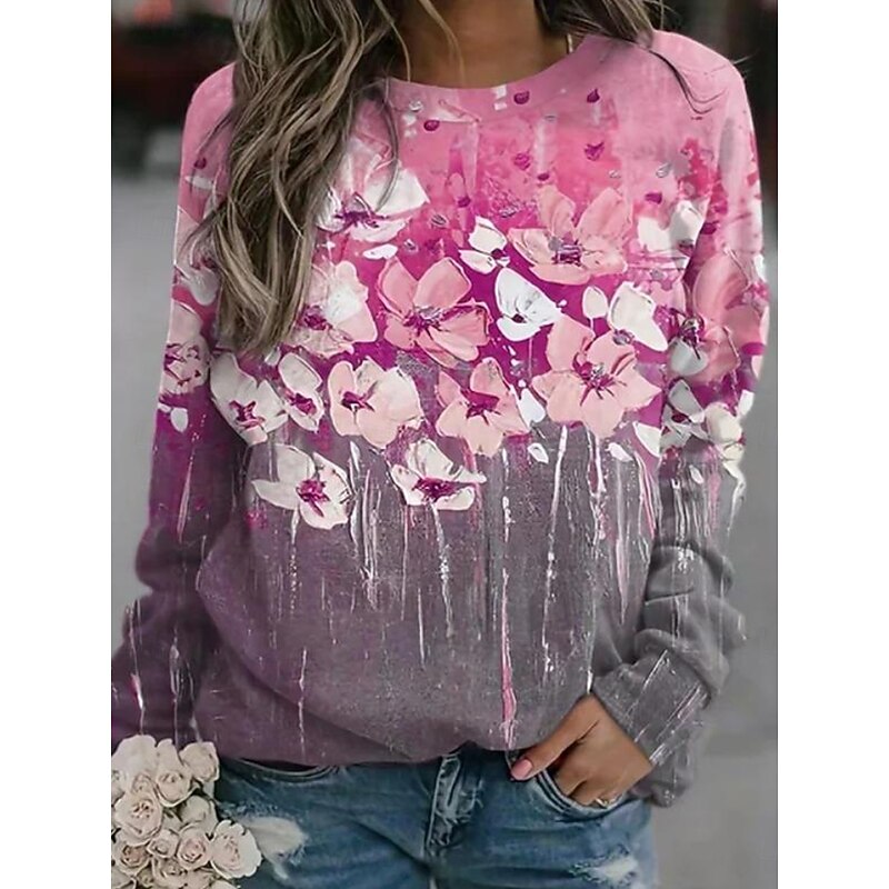 Women's Sweatshirts Floral Graphic Casual Long Sleeve Crew Neck Regular Tops Street Casual Holiday Print Yellow Pink Purple Spring Fall Winter