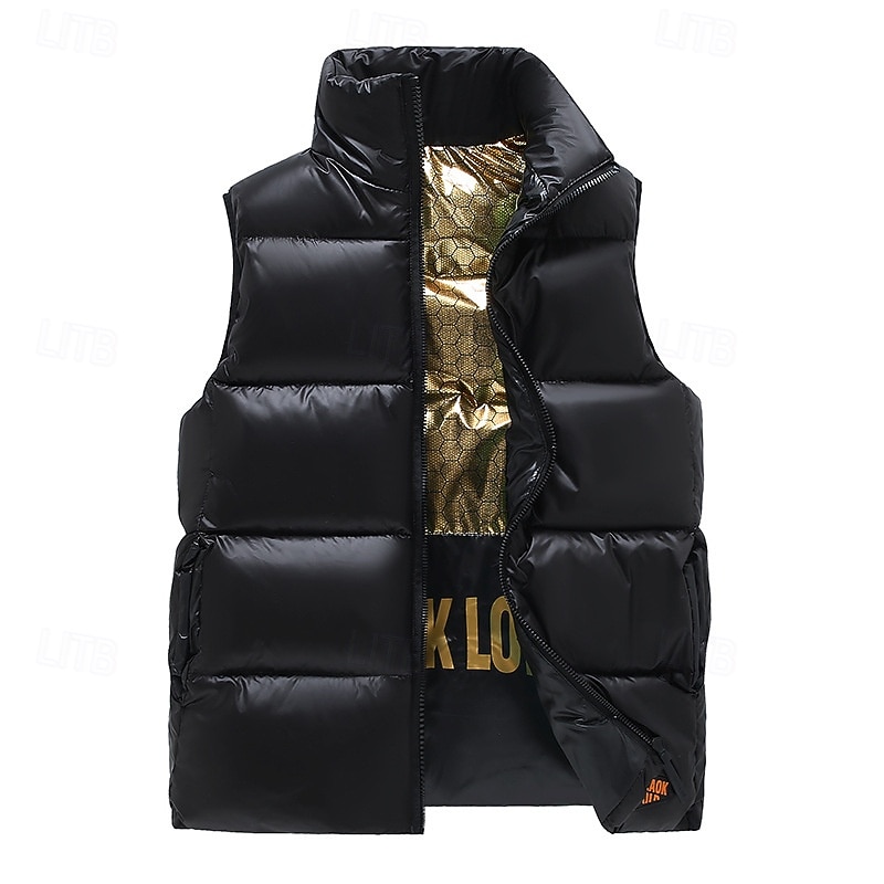 Men's Puffer Vest Vest Gilet Vacation Daily Date Fashion Casual Fall & Winter Pocket Polyester Warm Comfortable Solid Color Zipper Stand Collar Regular Fit Black Vest