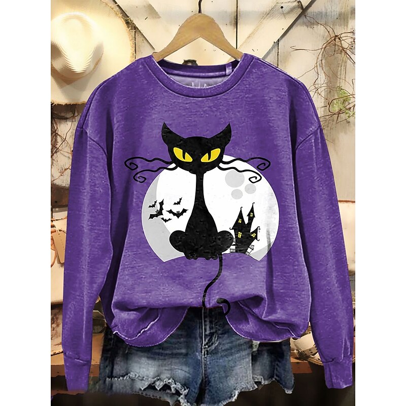 Halloween Women's Pullover Black Cat Graphic Cat Casual Long Sleeve Crew Neck Regular Tops Street Dailywear Casual Print Purple Orange Gray Spring Fall Winter