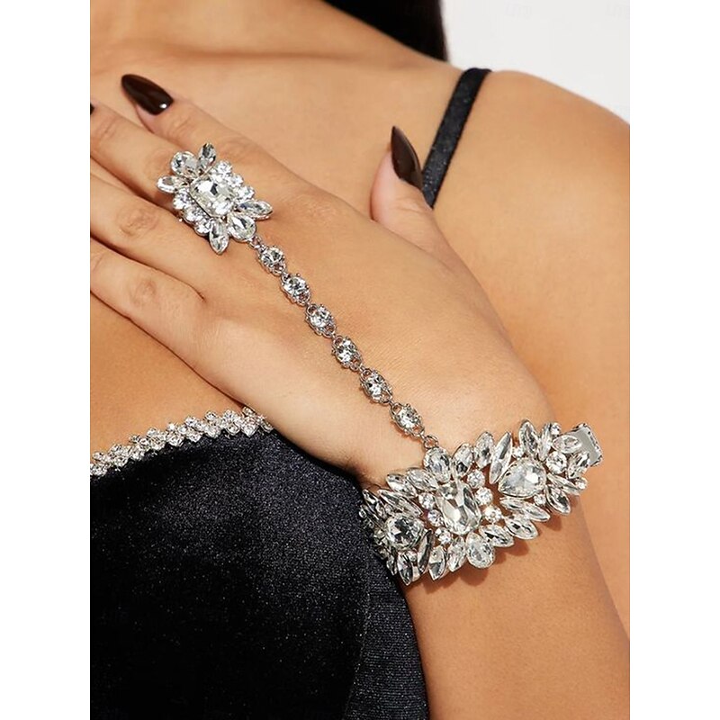 Women's Silver Rhinestone Hand Chain Bracelet with Statement Ring, Glamorous Jewelry for Parties and Special Occasions - Main Image