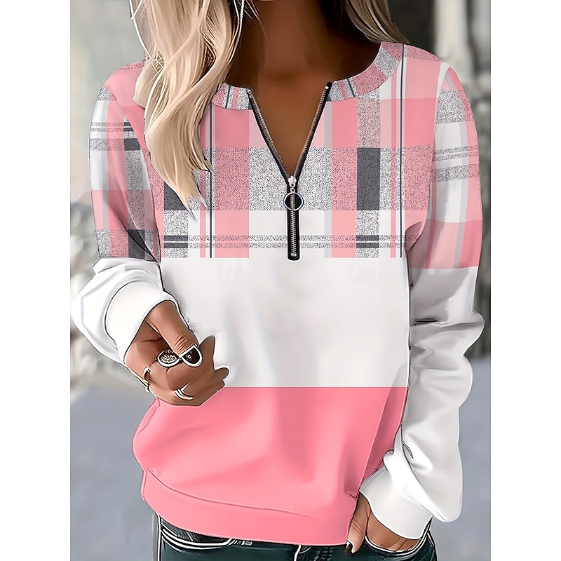 Women's Pullover Sweatshirt Zip Up Sweatshirts Graphic Geometric Plaid Fashion Casual Long Sleeve Crew Neck Regular Tops Street Dailywear Zipper Print Light Pink Spring Fall Winter