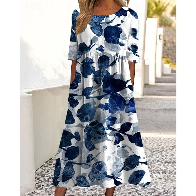 Women's Midi Dress Casual Dress Summer Dress Fashion Modern Daily Beach Weekend Regular Fit Flower Short Sleeve Crew Neck Blue Green Dark Blue Summer Spring
