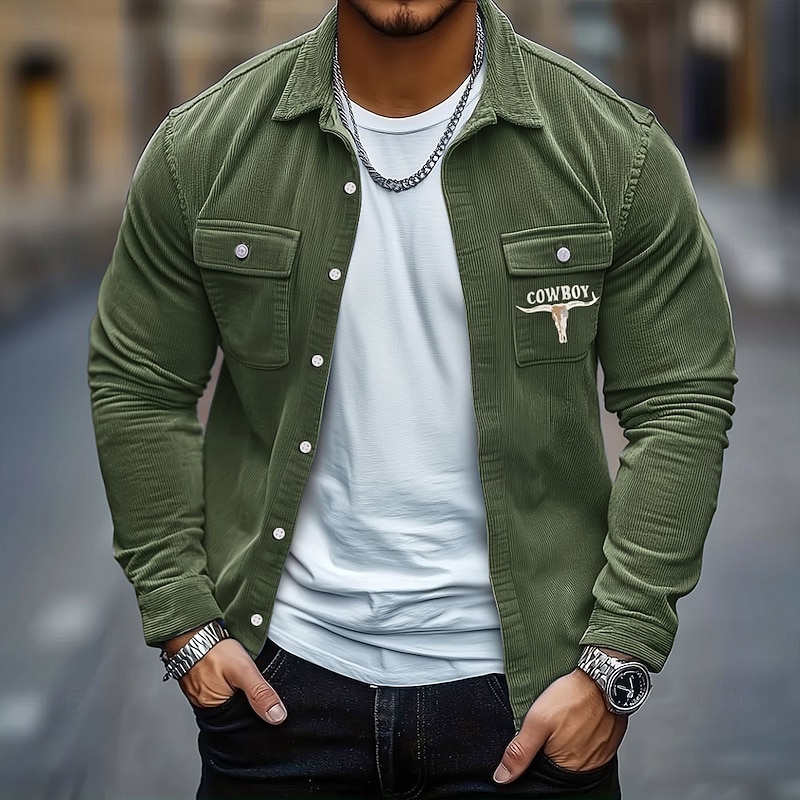 Men's Cow Print Corduroy Shirt Shirt Jacket Overshirt Long Sleeve Vintage Retro Outdoor Dailywear Fall Winter Turndown Button-Down Warm Jacket with Flap Pockets Blue Green Khaki Gray3