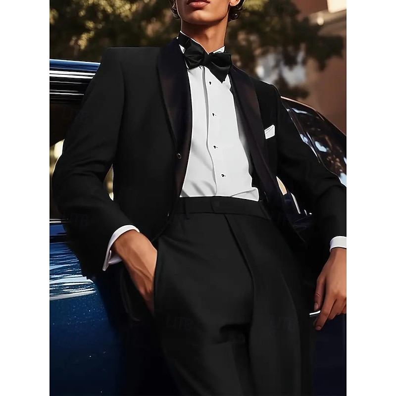 Men's Party Business Wedding Suits Shawl Lapel Black Formal Solid Colored Tailored Fit 2 Piece Single Breasted One-button2
