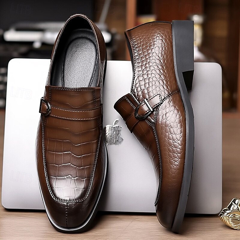 Men's Brown Crocodile Pattern Dress Shoes – Elegant Slip-On Loafers for Formal Events, Office Wear and Special Occasions4