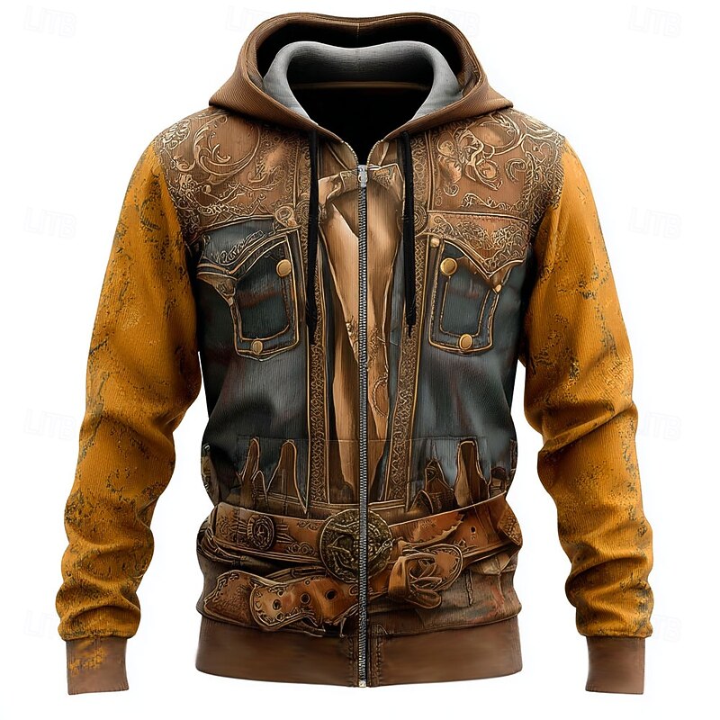 Men's Cowboy Costume Hoodie Jacket Sweatshirt Western Cowboy All Over Print Zip Vacation Streetwear Yellow Blue Zipper Fall Winter Designer