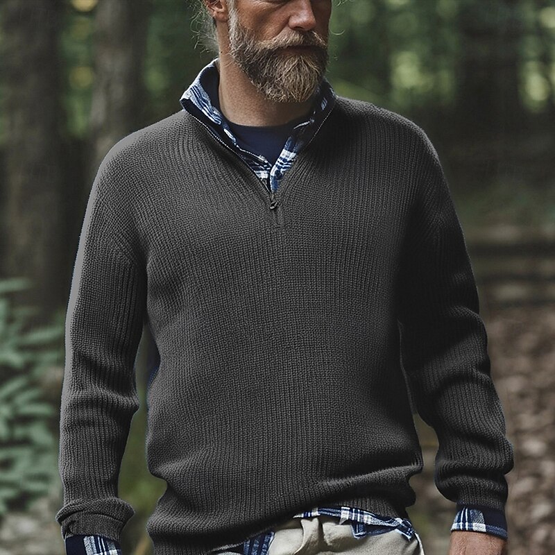 Men's Pullover Sweater Jumper Quarter Zip Sweaters Knit Sweater Ribbed Knit Regular Tops Knitted Plain Stand Collar Fashion Casual Vacation Daily Wear Clothing Apparel Fall Winter Black Red S M L4