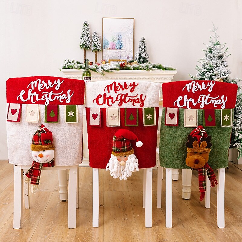Christmas Chair Cover Holiday 3D Cartoon Santa Snowman Reindeer Design Chair Cap Festive Christmas Decoration Home Dining Room Stool Protector Party Seating Accessory