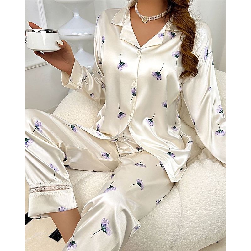 Women's Loungewear Pajama Set Casual Comfort Butterfly Elastic Waist Shirt Pant Home Daily Long Sleeve Shirt Collar White Beige Spring Fall Regular Fit