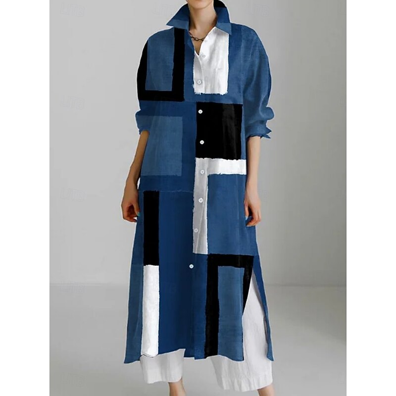 Women's Midi Dress Shirt Dress Casual Dress Fashion Modern Daily Holiday Weekend Regular Fit Geometric Color Block 3/4 Length Sleeve Shirt Collar Blue Fuchsia Orange Summer Spring Fall2