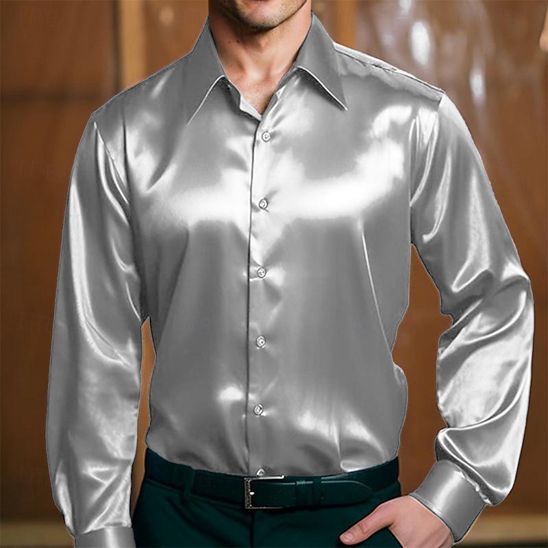 Men's Shirt Silk Like Satin Shirt Dress Shirt Casual Shirt Button Up Shirt Plain Formal Business Black White Yellow Red Long Sleeve Lapel Spring &  Fall All Seasons Clothing Apparel3