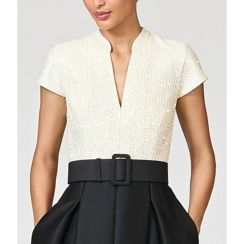 Black and White Gold Sequined A-Line Evening Gown Elegant Dress Formal Wedding Floor Length Short Sleeve V Neck Pocket Satin with Glitter 20253