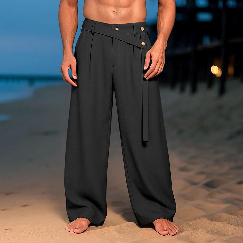 Men's Linen Pants Trousers Summer Pants Straight Leg Plain Comfort Breathable Full Length Casual Daily Holiday Vacation Fashion Black White Inelastic