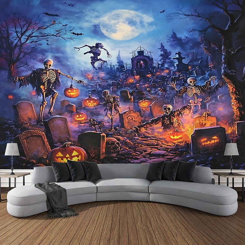 Halloween Photograph Backdrop Tapestry, Ghosts, Pumpkins, Monsters, and Skeletons Pattern Wall Hanging, Large Decorative Mural for Bedroom, Living Room, Party, and Home Decoration2