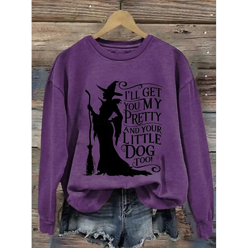 Halloween Women's Pullover Sweatshirt Witch Graphic Fashion Casual Long Sleeve Crew Neck Regular Tops Street Dailywear Casual Print White Purple Green Gray Fall Winter