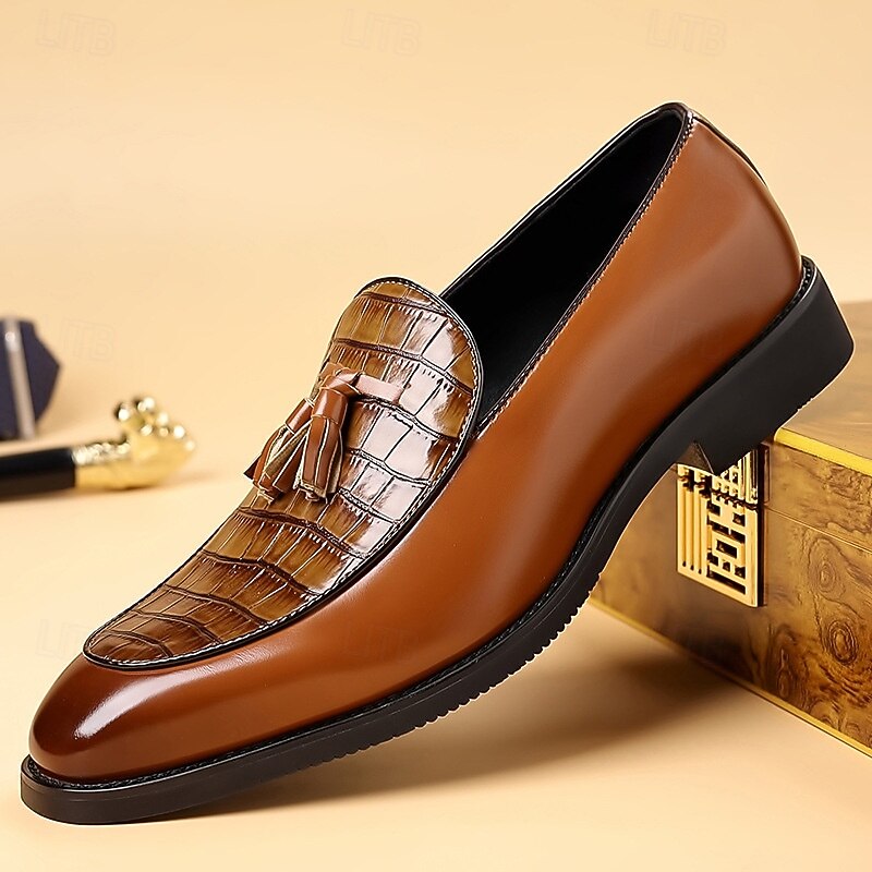 Men's Brown Crocodile Pattern Tassel Loafers – Polished Slip-On Dress Shoes for Business Meetings, Weddings and Formal Events