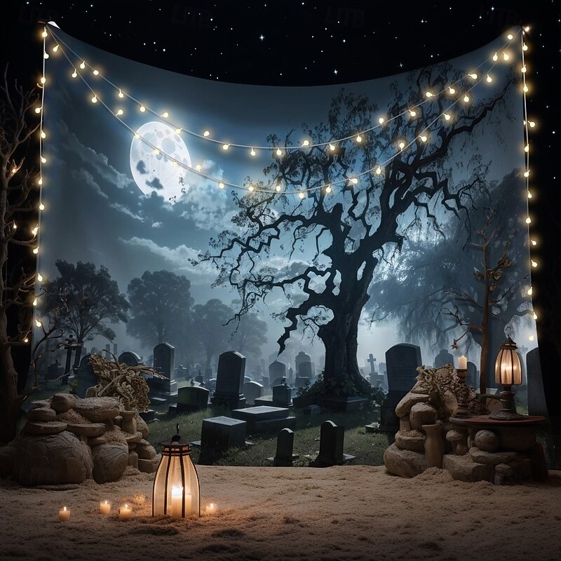 Halloween Cemetery Wall Tapestry Backdrop – Spooky Graveyard Scene with Full Moon and Haunted Tree, Gothic Wall Hanging for Home, Party, Photography3