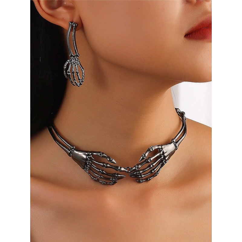 Women's Halloween Skeleton Hand Necklace Earrings Set, Gothic Punk Style, Perfect for Costume Parties and Avant-garde Costumes4
