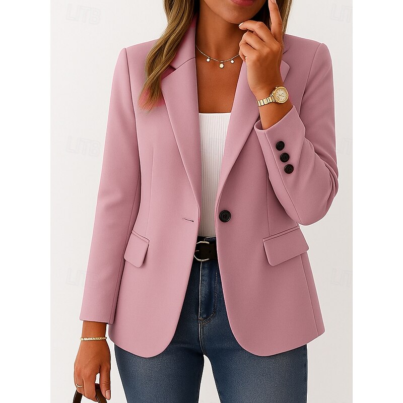 Women's Blazer Comfortable Breathable Pocket Casual Plain Office Street Casual Daily Wear Single Breasted Regular Turndown Regular Fit Long Sleeve Outerwear Black Pink Khaki Summer Spring3