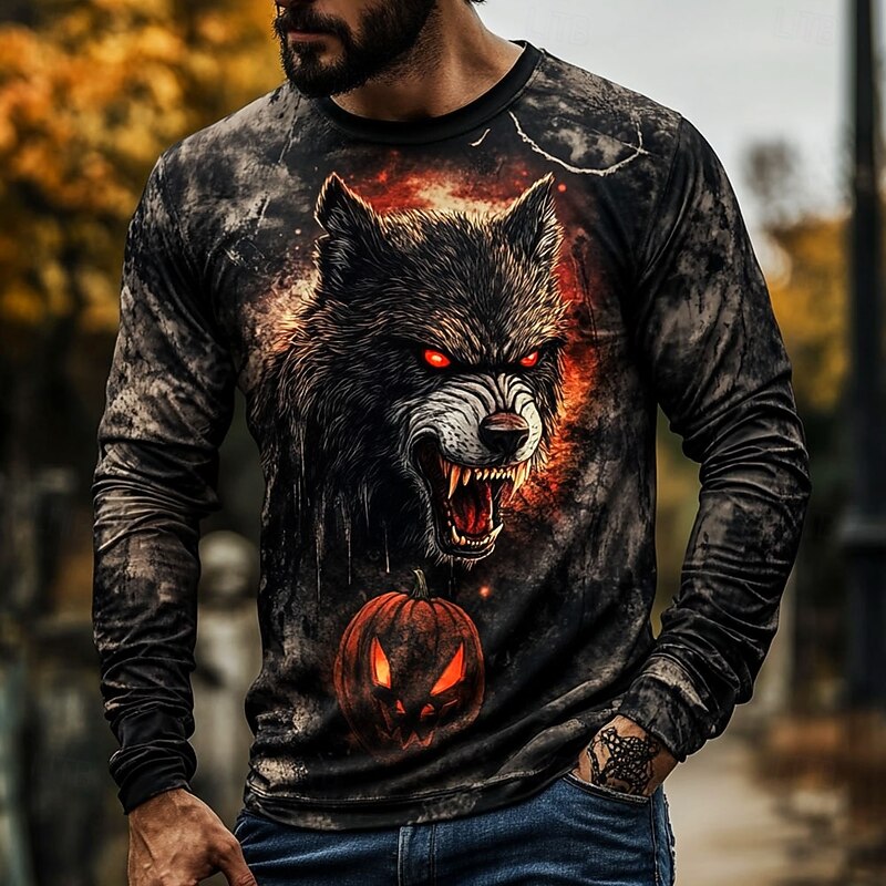 Halloween Men's 3D Werewolf T Shirt Long Sleeve T shirt 3D Print Crew Neck Shirt Fashion Exaggerated Street Casual Daily Lake Blue Blue Purple Summer Spring Fall Clothing Apparel S M L XL XXL XXXL