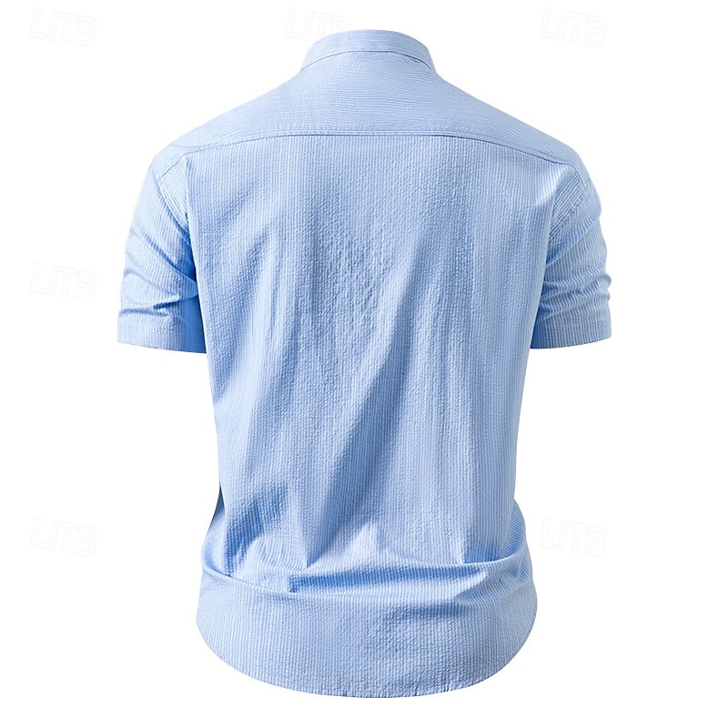 Men's Shirt Summer Shirt Casual Shirt Beach Shirt Button Up Shirt Blue Gray Short Sleeve Stripe Band Collar Vacation Hawaiian Pocket Clothing Apparel Fashion Casual Comfortable2