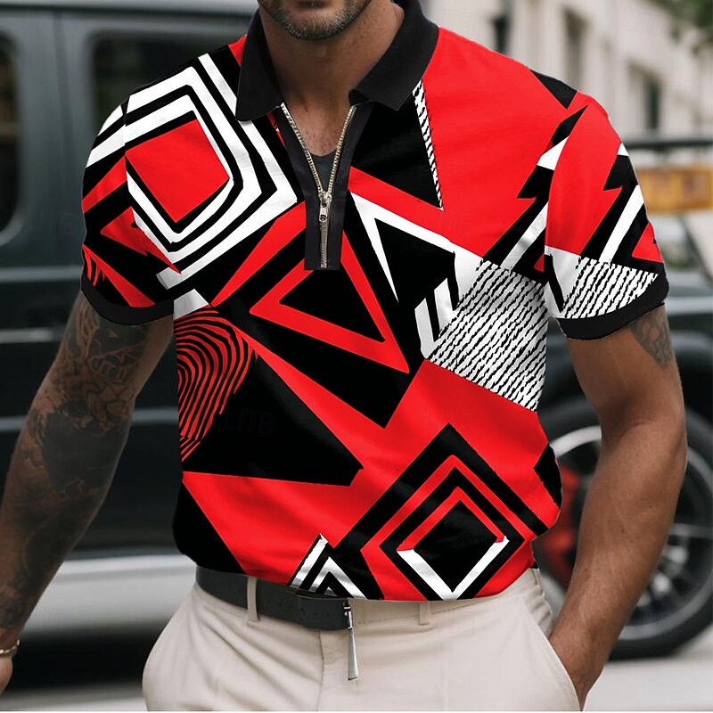 Men's Geometic Zip Polo Shirts Short Sleeve Polo Shirts Collared Shirts Casual Athleisure Daily Wear 3D Print Summer Yellow Red Blue