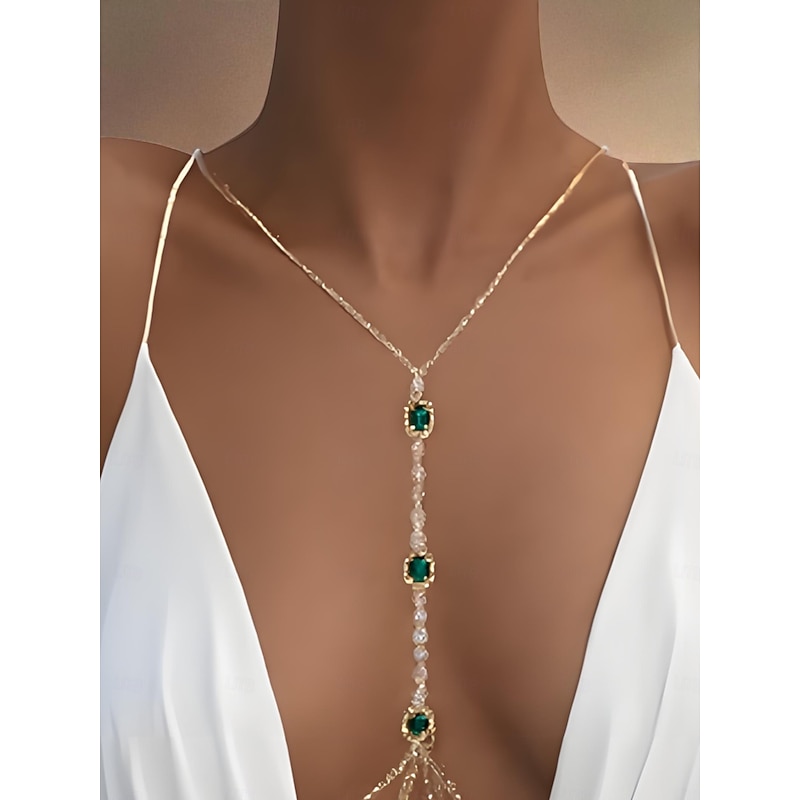 Women's Silver Emerald and Crystal Body Chain - Elegant Plunging Neckline Jewelry for Weddings, Evening Parties, Beach Vacations and Special Occasions2