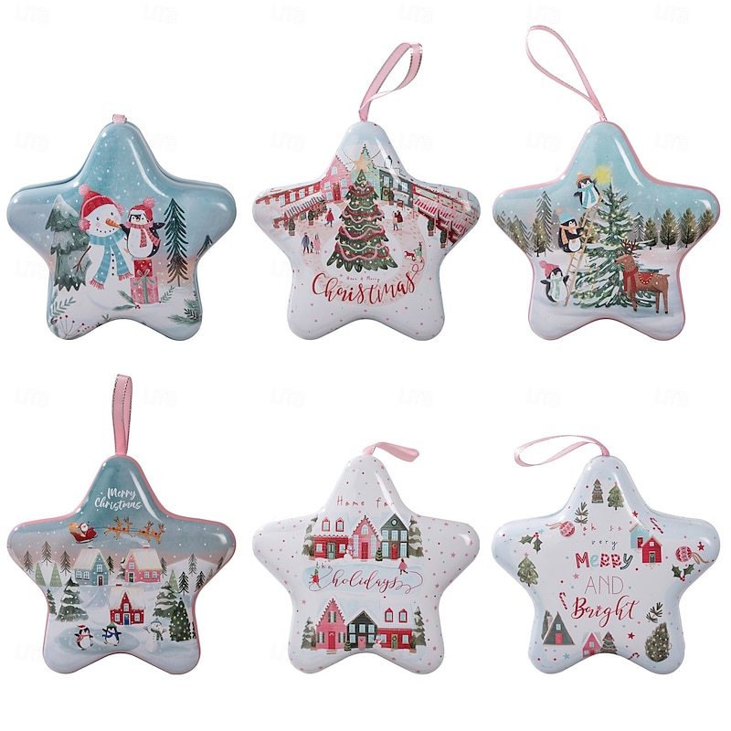 Christmas Candy Tin Box Ornament with Hanging Strap, Cartoon Holiday Storage Container, Xmas Ornament and Gift Box Decoration3