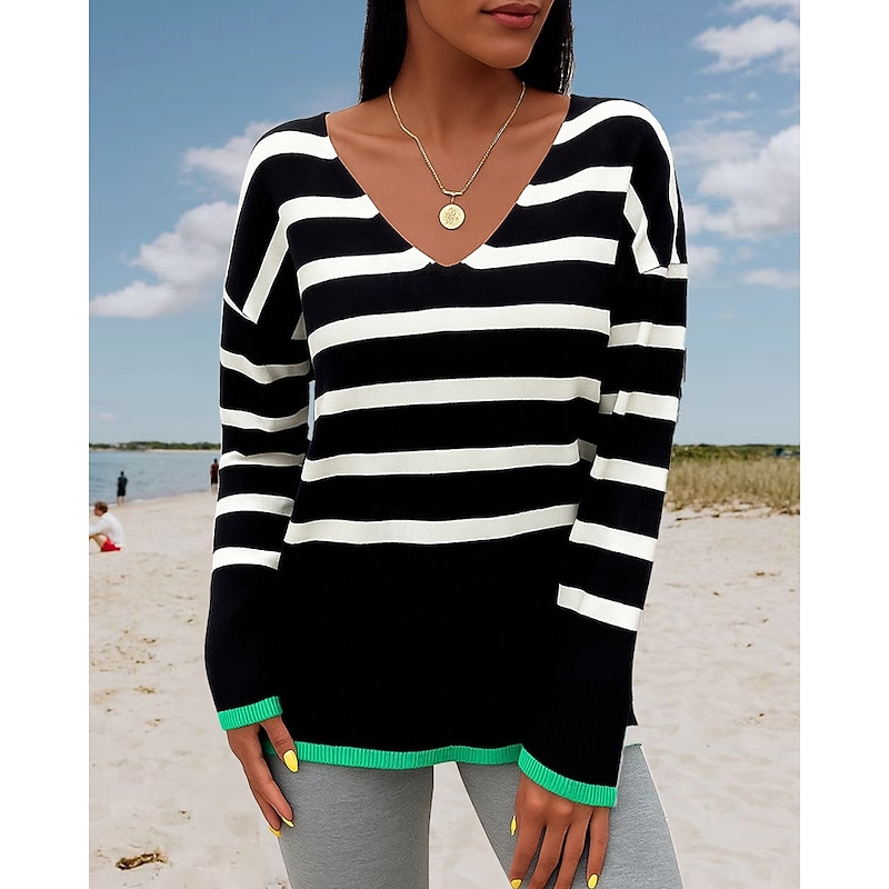 Women's Pullover Sweatshirt Casual Tops Long Sleeve Top Casual Athleisure Fall V Neck Stripes Outdoor Travel Sports Sportswear Activewear Wine Red Black White