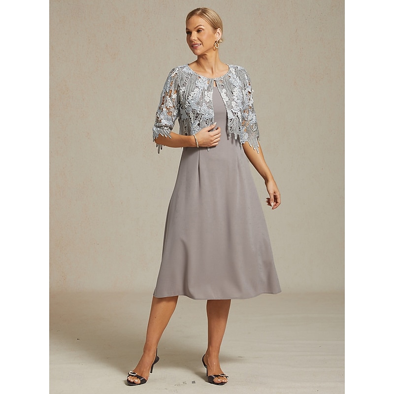 Women's Lace Tops Elegant Romantic Crew Neck Gray Summer4