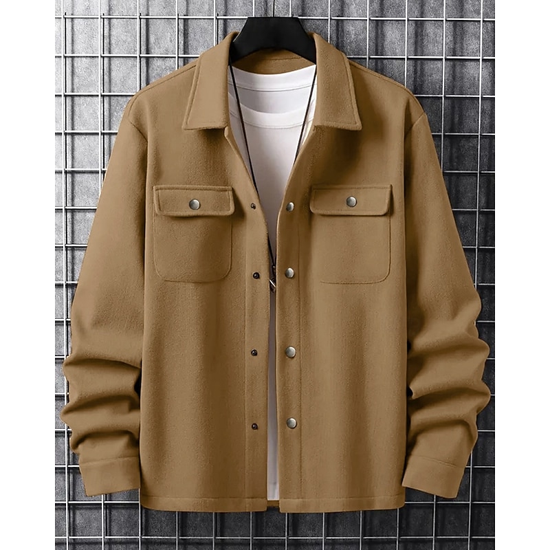 Men's Shirt Jacket Casual Jacket Vacation Daily Breathable Pocket Spring Fall Plain Fashion Classic Lapel Regular Dark Gray Black Navy Blue Khaki Light Grey Jacket3