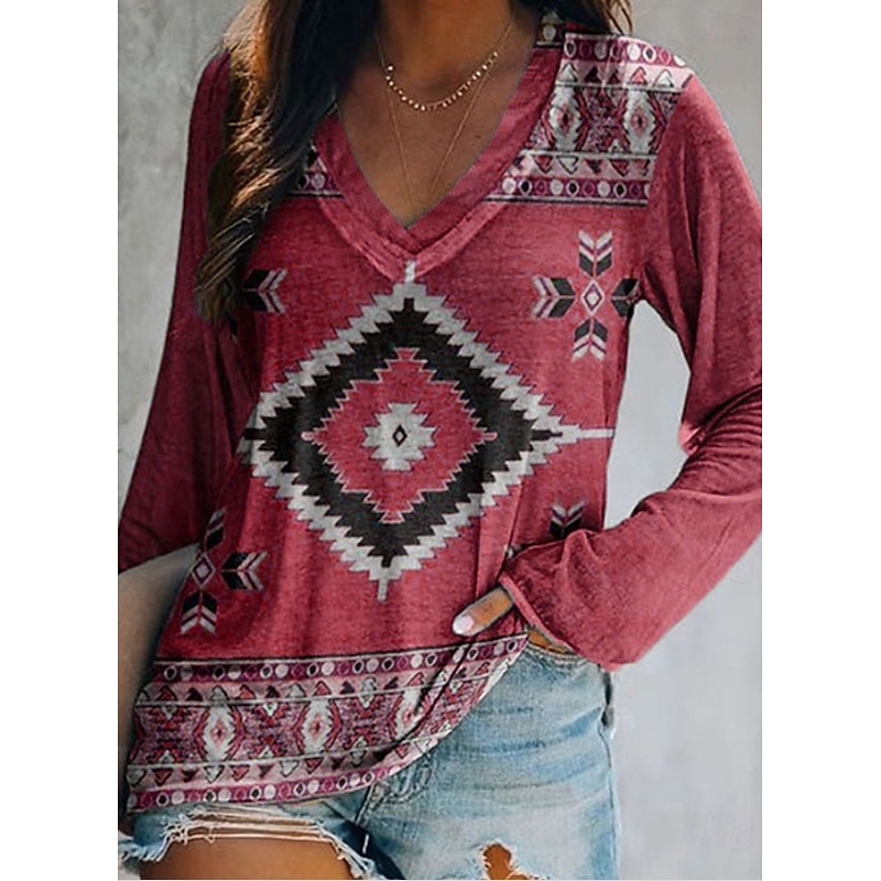 Women's T Shirt Graphic Geometric Tribal Elegant Bohemia Vintage Long Sleeve V Neck Regular Tops Daily Going out Weekend Print Black Yellow Red Blue Dark Green Spring Fall3