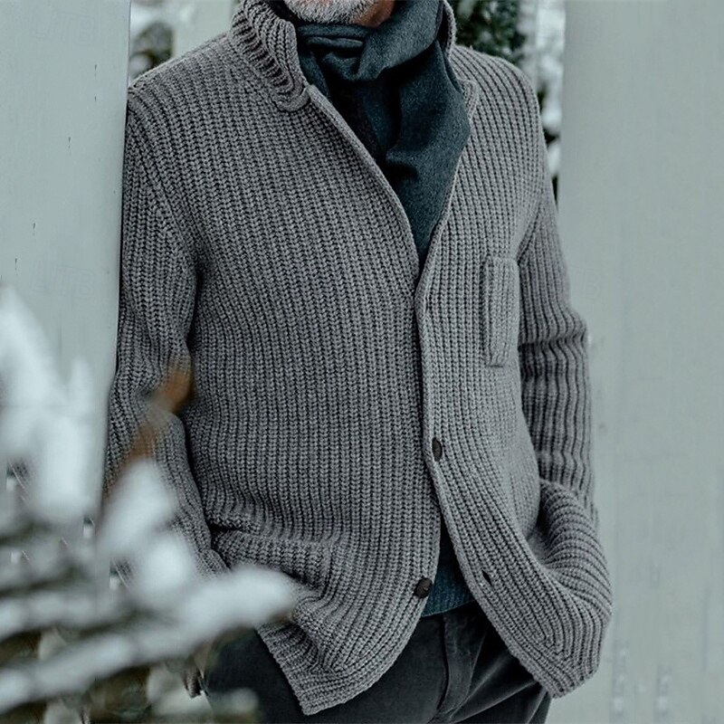 Men's Cardigan Sweater Cropped  Sweater Knit Sweater Ribbed Knit Regular Tops Pocket Buttons Plain Stand Collar Fashion Classic Vacation Daily Wear Clothing Apparel Fall Winter Black Navy Blue S M L