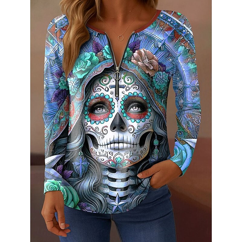 Halloween Women's T Shirt Skulls Graphic Vintage Stylish Casual Long Sleeve Round Neck Regular Tops Daily Weekend Zipper Print Yellow Pink Blue Gray Fall Winter3