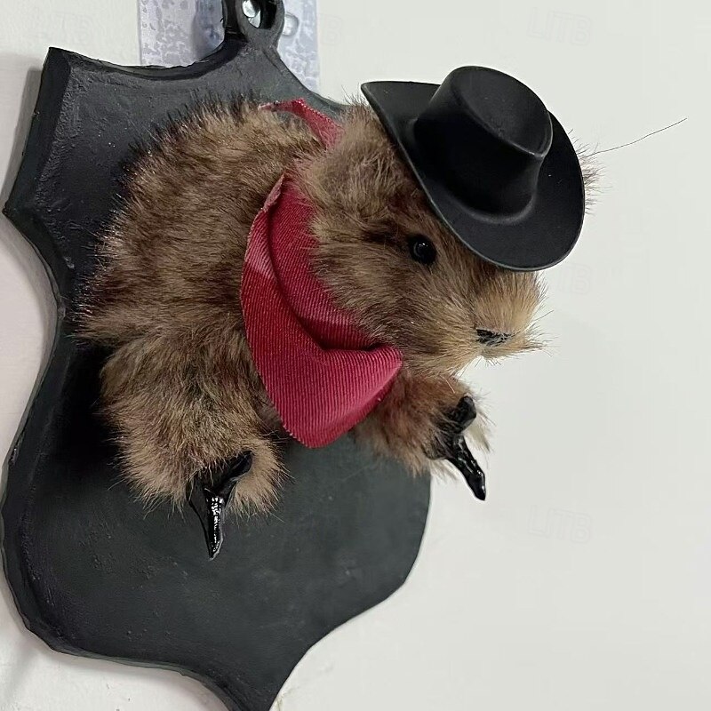 1pc Contemporary Cowboy Bandit Taxidermy Squirrel Wall Hanging Decor, Faux Hedgehog with Hat and Scarf, No Feather, No Power Needed2