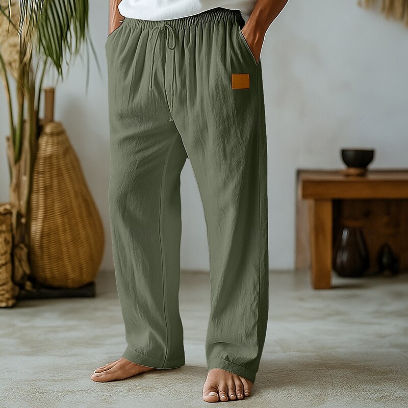 Men's Linen Pants Trousers Summer Pants Baggy Pants Beach Pants Drawstring Elastic Waist Straight Leg Solid Color Plain Comfort Breathable Full Length Outdoor Holiday Beach Vacation Fashion Black2