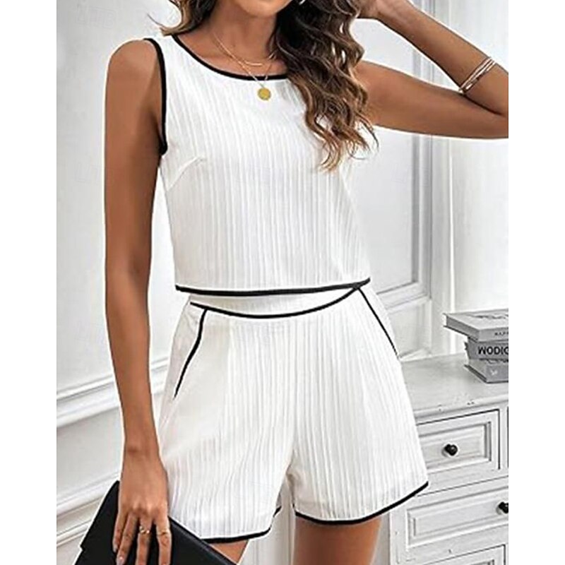 Women's Active Blouse Shorts Sets Sleeveless Crew Neck Color Block Patchwork Vacation Daily Wear White Summer Regular Fit2
