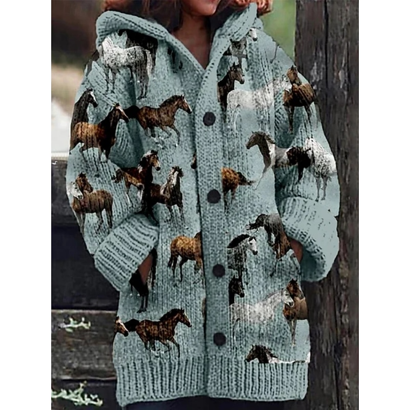 Women's Cardigan Vacation Daily Animal Ribbed Hooded Knitted Print Front Pocket Long Sleeve Regular Tops Knit Outdoor Daily Holiday Yellow Red Fall Winter2